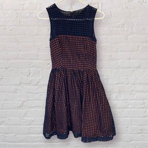 French Connection Navy Blue & Coral Eyelet Fit & Flare A-Line Dress Size 0